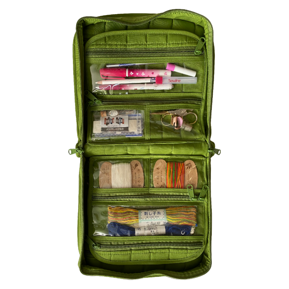 green oval craft organiser bag with tools