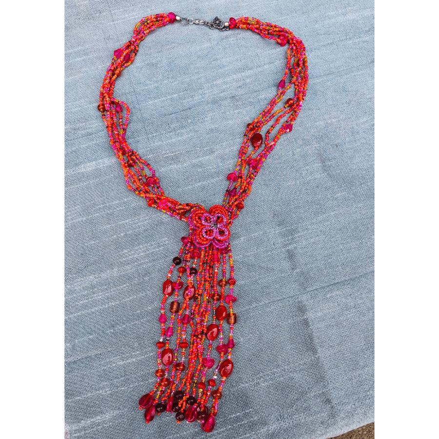 Red and Orange Beaded Multi Strand Necklace