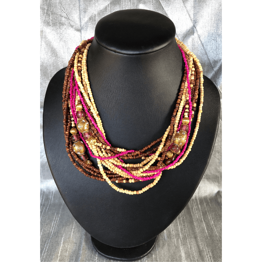 YN-025-Wooden Pink Multi Strand Necklace-Yazzii Craft Organisers