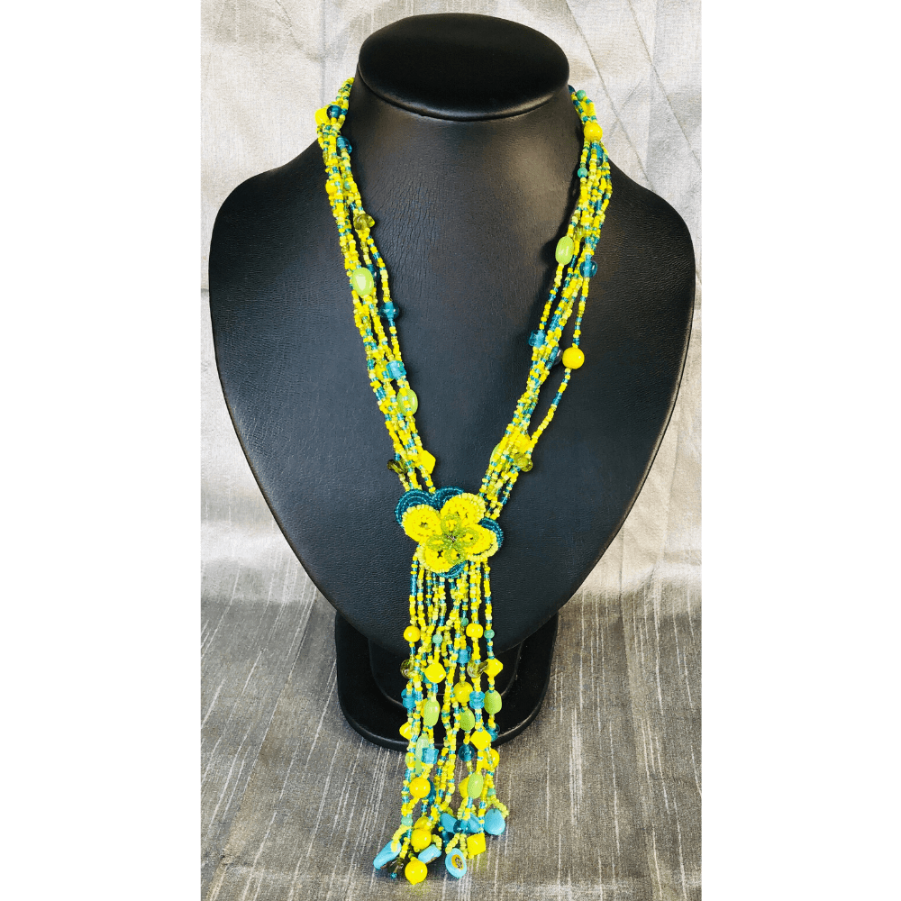 YN-033-Blue and Yellow Beaded Multi Strand Necklace-Yazzii Craft Organisers