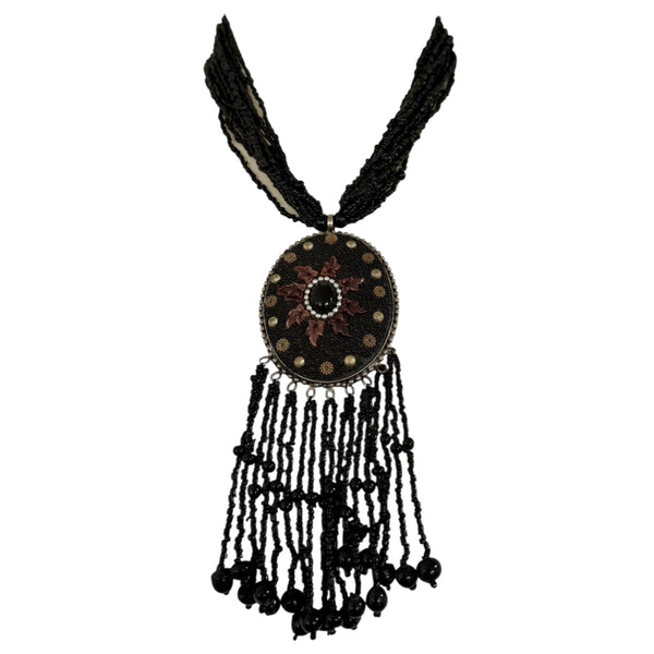 Black Embroidered Medallion Fringe Necklace