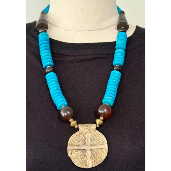 Turquoise Disk and Brass Pendant Necklace