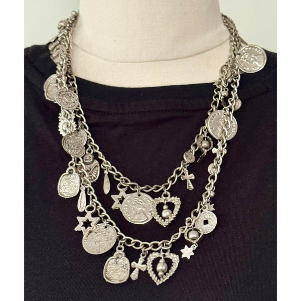 Antique Silver Charm Layered Necklace