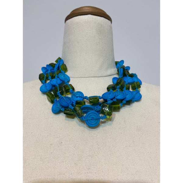 Turquoise Blue and Olive Green Abstract Bead Necklace