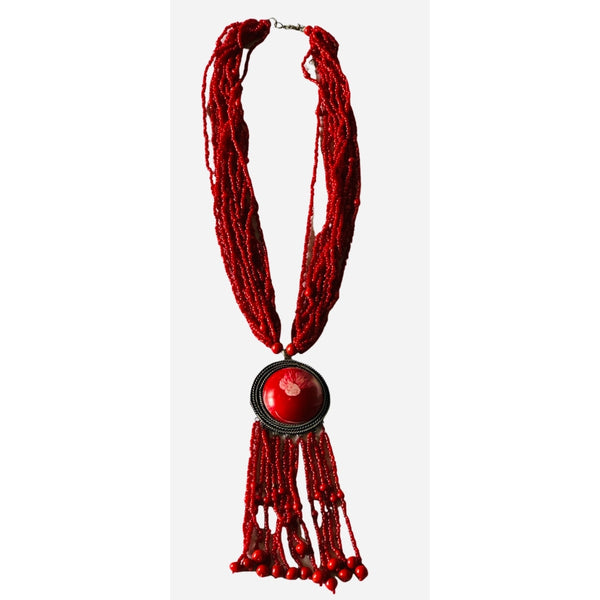Red Multi Strand Necklace with Bold Medallion Pendant
