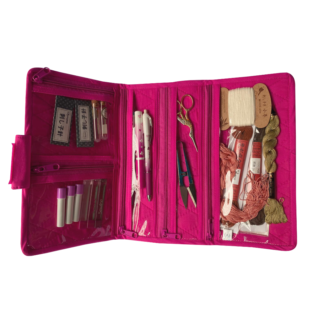 fuchsia compact craft organiser with tools