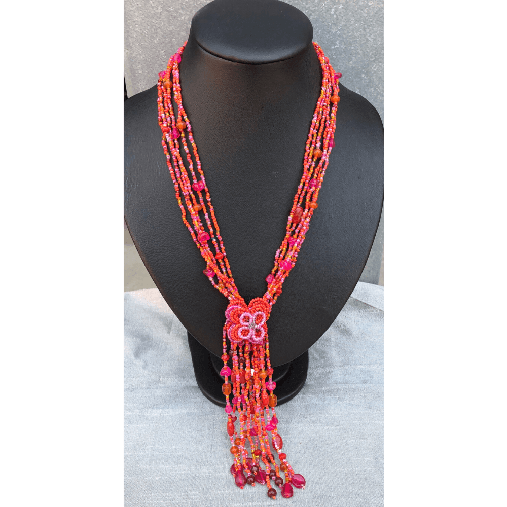 Red and Orange Beaded Multi Strand Necklace