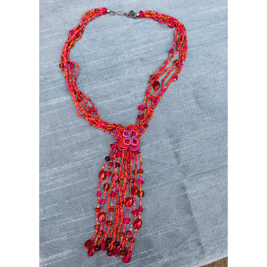 Red and Orange Beaded Multi Strand Necklace