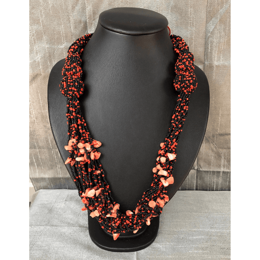Black and Red Beaded with Shell Necklace