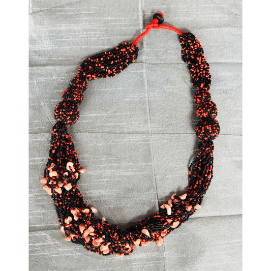 Black and Red Beaded with Shell Necklace