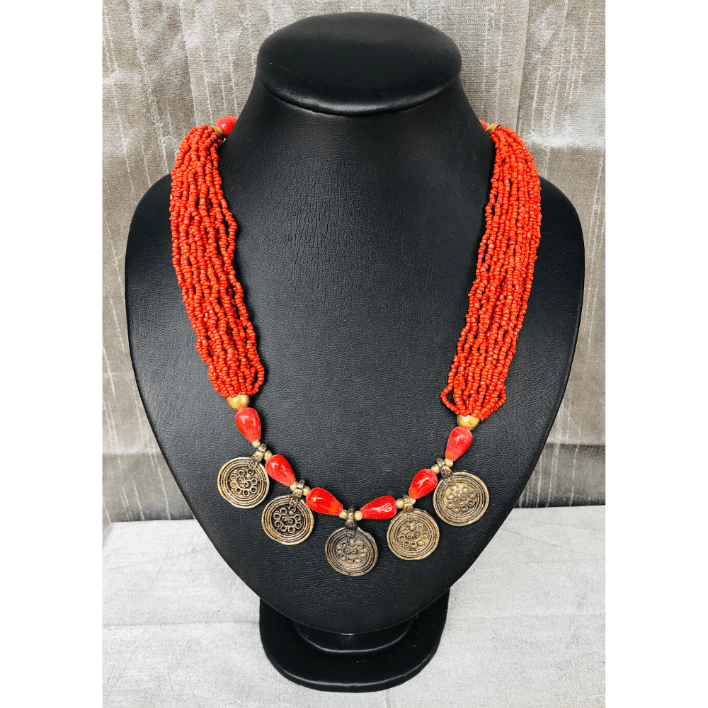 Orange Red Beaded with Gold Necklace