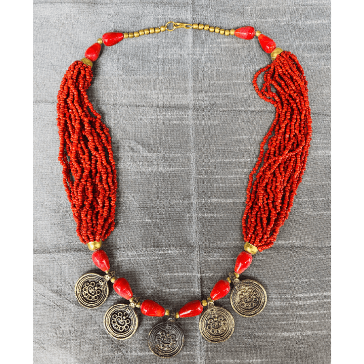 YN-026-Orange Red Beaded with Gold Necklace-Yazzii Craft Organisers