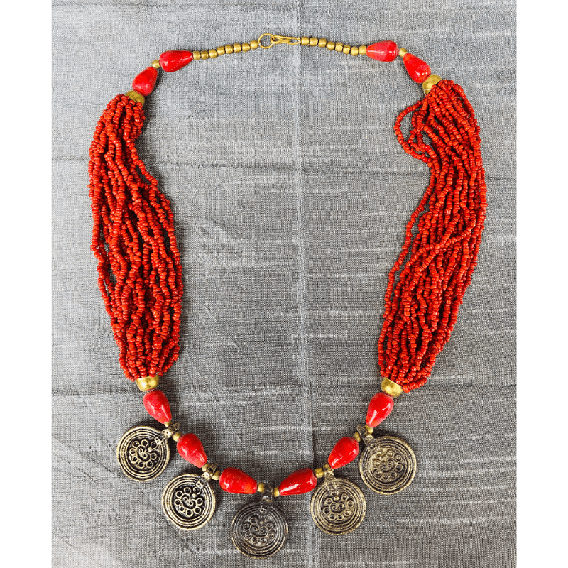Orange Red Beaded with Gold Necklace