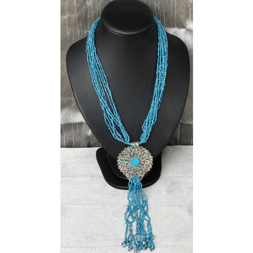 Blue Bead with Flower Necklace