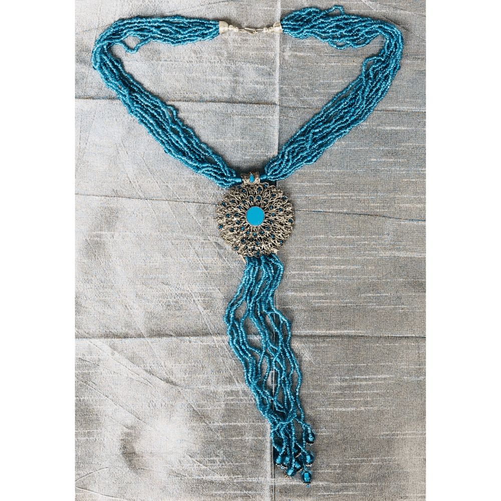 YN-028-Blue Bead with Flower Necklace-Yazzii Craft Organisers