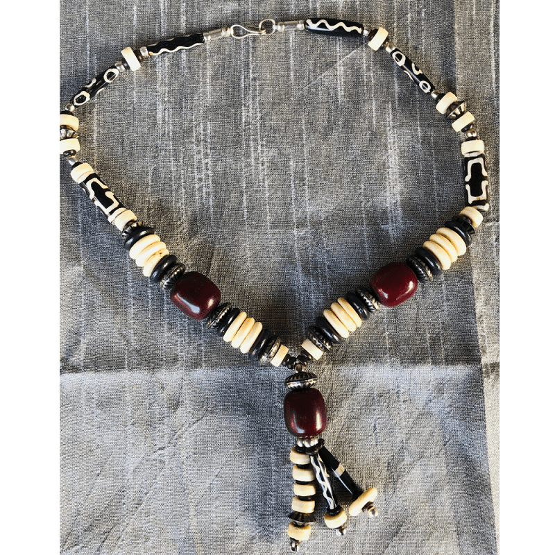 White Black Red Wooden Necklace