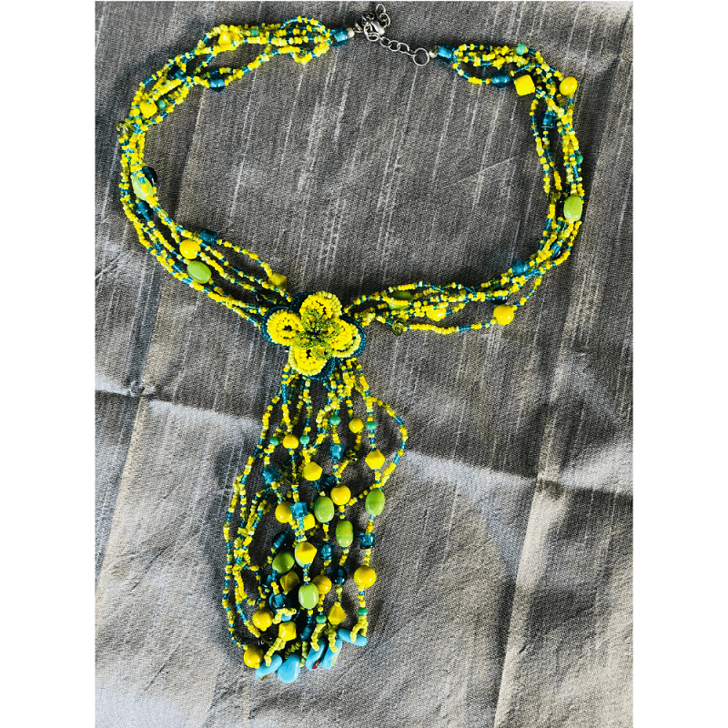YN-033-Blue and Yellow Beaded Multi Strand Necklace-Yazzii Craft Organisers